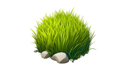 Lush green grass tuft, rocks, isolated, game asset, 3D render