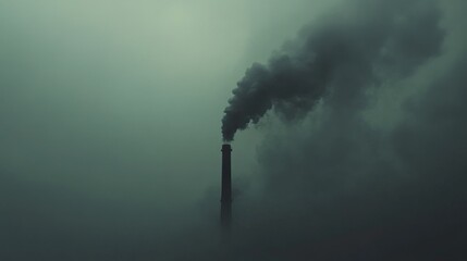 Dark Industrial Landscape with Heavy Smoke Emitting from Chimney in Ominous Fog, Illustrating Environmental Pollution and Climate Change Concerns