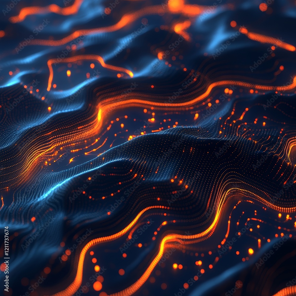 Poster abstract glowing wavy lines and particles.