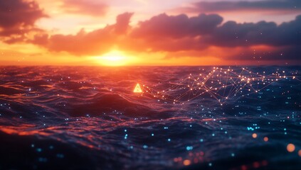 Sunset over ocean waves with digital network and warning triangle.