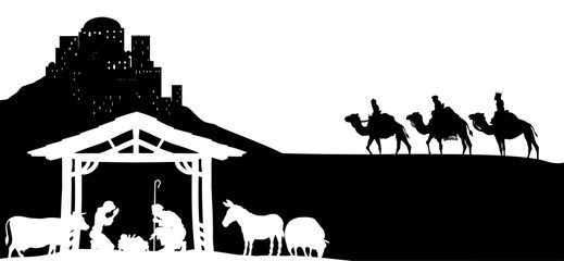 Obraz premium A Christmas nativity scene with baby Jesus in the manger, wise men and city of Bethlehem in the background