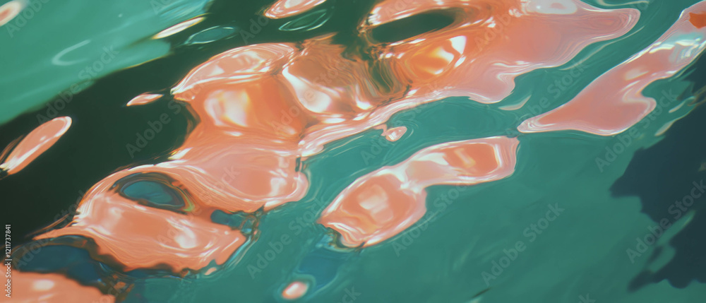 Poster exploring reflective surfaces and distorted perspectives in vibrant water texture