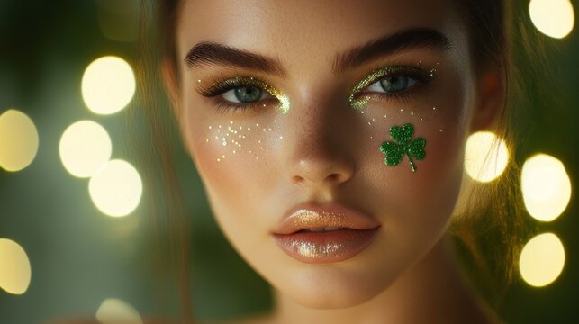 Beautiful woman celebrating saint patrick's day with green clover makeup and golden glitter eyeshadow