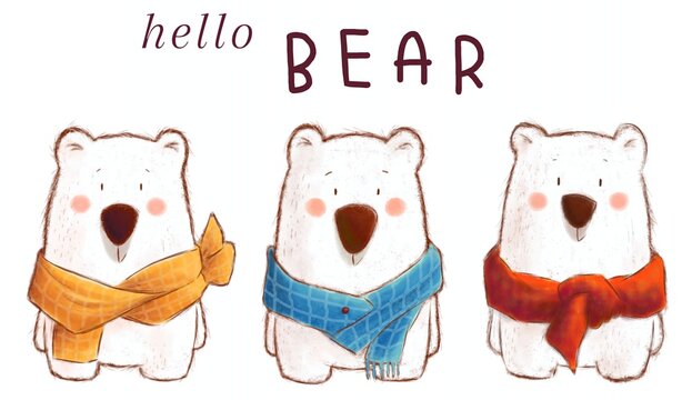 Adorable polar bear is wearing scarf warm clothes illustrations. Greeting card, poster, postcard, digital prints. happy international polar bear day. Hello bear banner decoration