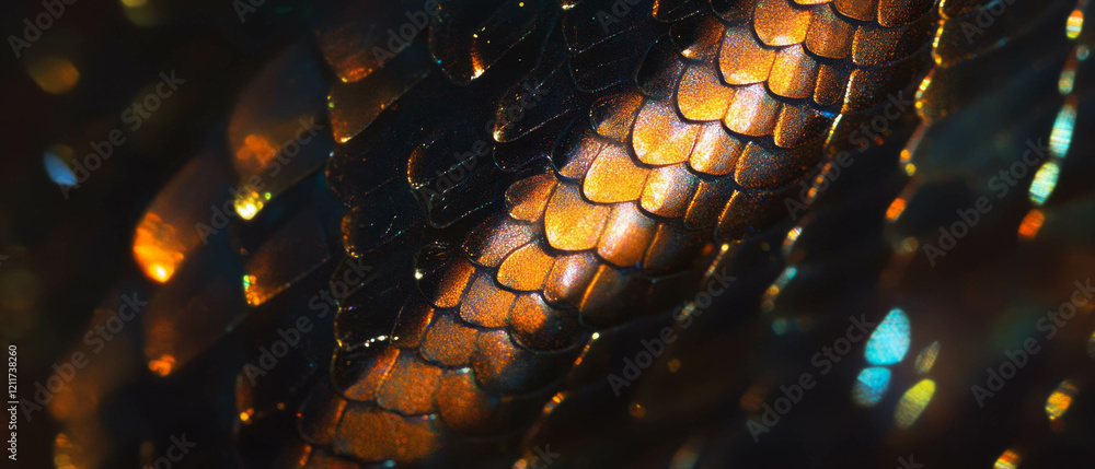 Poster bold contrast of reptile skin texture with shimmering golden glitters and unique patterns