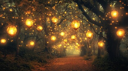 Fototapeta premium Magical forest path lit by glowing lanterns at night.