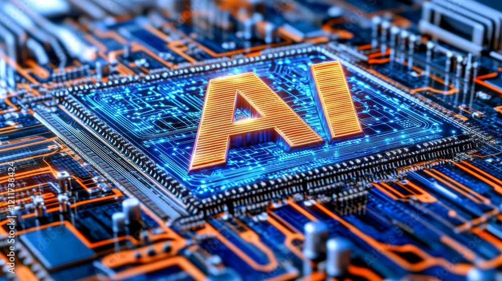 Poster artificial intelligence background. cyber security. artificial intelligence chip with a circuit boar