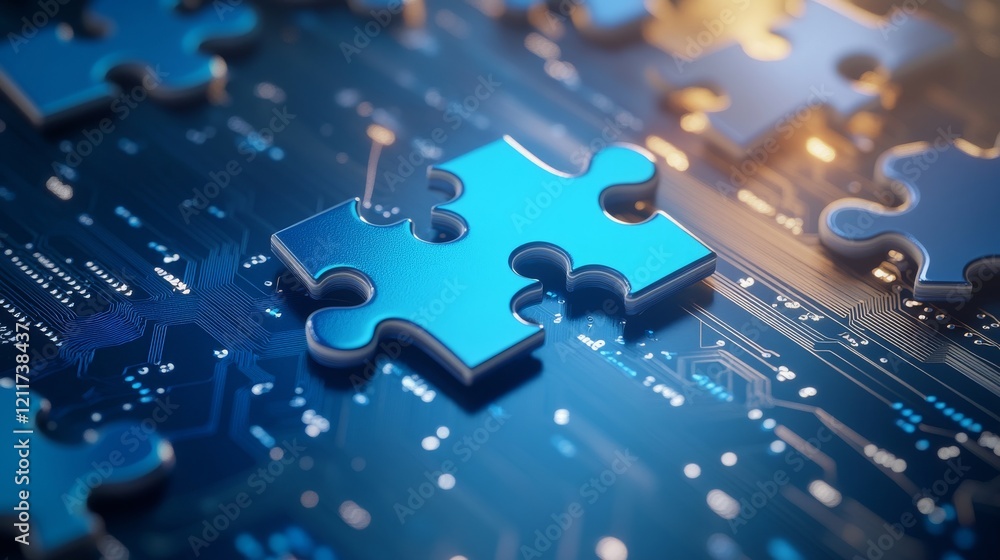 Poster digital technology background with digital puzzle pieces. puzzle pieces and digital circuit board. f