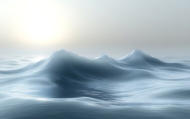 Serene seascape with misty, ice-like waves under soft sunlight.