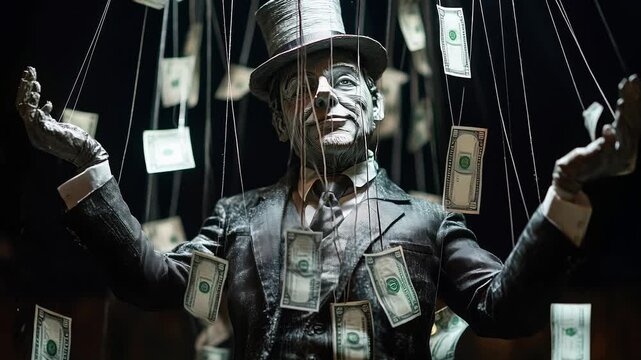 Suspended in a shadowy atmosphere, a towering puppet master controls strings attached to fluttering dollar bills, symbolizing power and manipulation in a surreal performance.