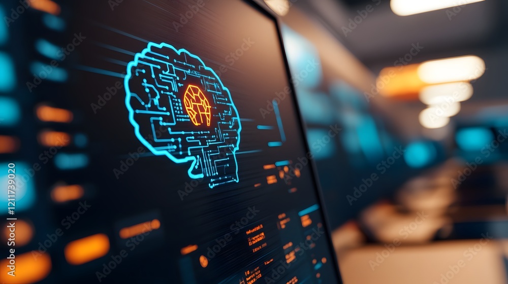 Poster futuristic university classroom explores ethics and interactive digital learning