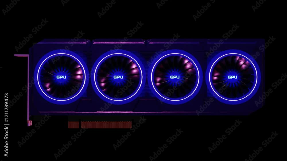 Poster 3d model of a huge video card with four working coolers with neon lighting on a black background. 3d