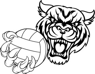 A tiger volleyball animal sports mascot holding a volley ball in his claw