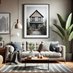 Naklejka premium In a modern living room, a plush sofa adorned with cushions invites relaxation. Lush plants and an artistic wall add warmth, creating a serene, stylish atmosphere suitable for unwinding
