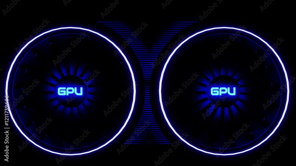 Poster rotating coolers with neon multi-colored backlighting and the inscription gpu on a black background.