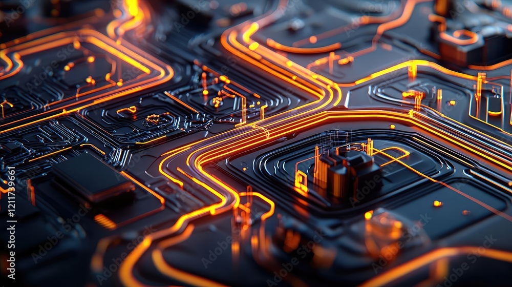 Poster online courses idea. close-up of a circuit board with glowing orange lines and intricate components.