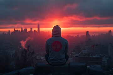 Person in hoodie meditates on cityscape at sunrise.