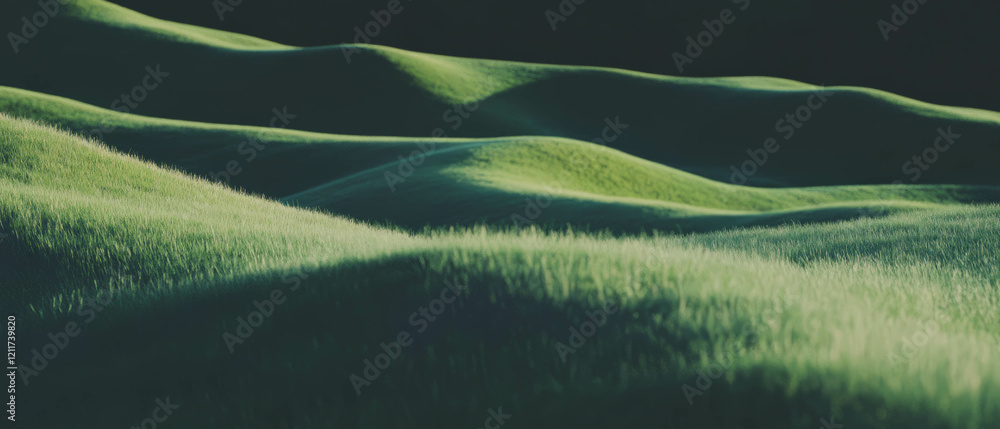Poster rolling hills with lush green grass creating a serene landscape at twilight