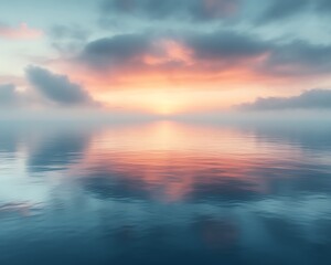 Obraz premium Serene sunset reflecting on calm ocean water with hazy sky.