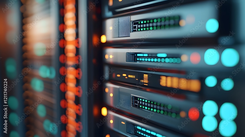 Poster high tech ai powered server room monitoring cybersecurity breaches in real time with glowing blue