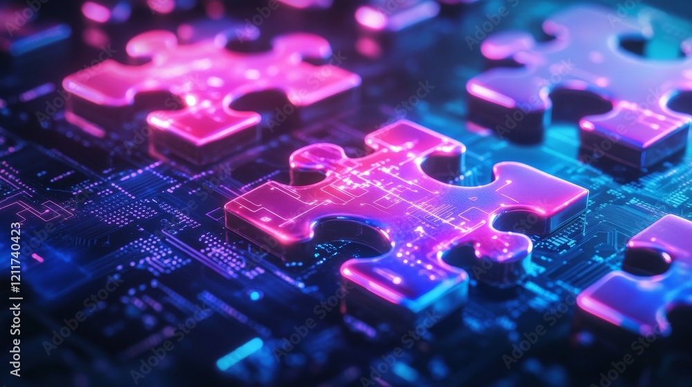 Poster digital technology background with digital puzzle pieces. puzzle pieces and digital circuit board. f