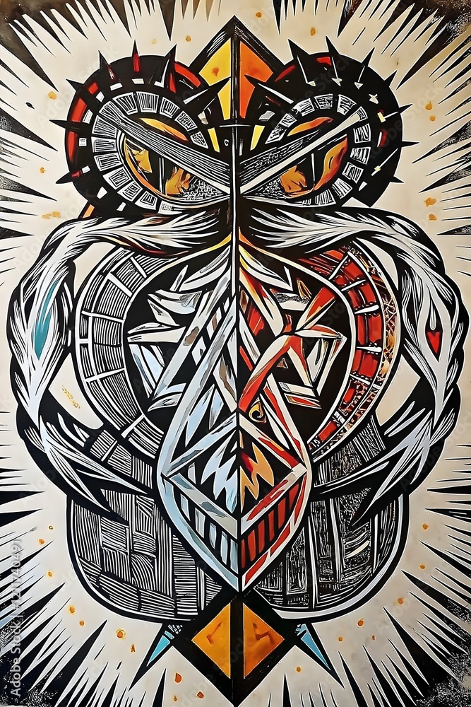 Poster dynamic abstract duality intricate symbols expressive colors powerful patterns energetic composition