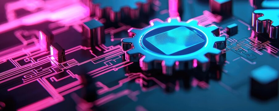 Online courses idea. Close-up of a neon-lit circuit board with gears and vibrant colors.