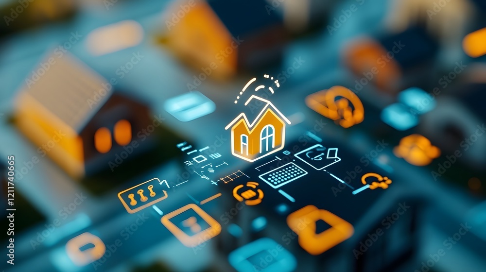 Poster smart electric grid integrating renewable energy sources with holographic data displays in suburban