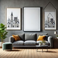 A refined living room showcases a gray sofa adorned with orange pillows, surrounded by creative wall art depicting charming houses. Greenery adds life to the space, enhancing its modern elegance