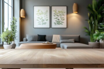 empty wooden table with blurred Modern living cozy and minimalist interior photography