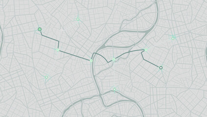 Route on the map to pin. City street map with various points of interest. GPS tracking system to navigate and find way around the city landmarks, directions to different locations. Vector illustration