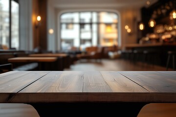 empty wooden table with blurred Visitor's perspective cozy restaurant & culinary delights