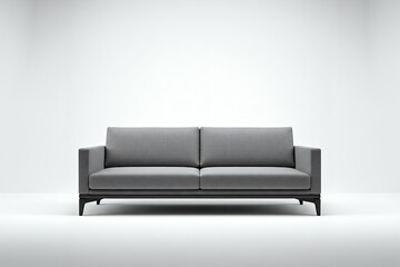 A modern gray sofa with a minimalist design against a white background.