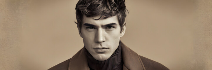 Obraz premium Close-up portrait of a young man with styled hair and a turtleneck in a neutral-toned background during a studio photoshoot