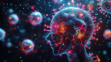 Abstract representation of a human head surrounded by colorful virus-like particles in a digital space