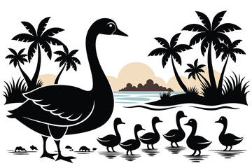 Obraz premium black silhouette geese on the lake white background