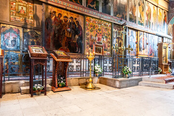 Interior of the orthodox St. Sophia Cathedral. Iconostasis with ancient icons and altar part of the cathedral