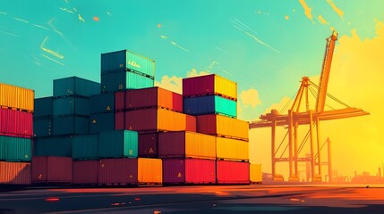 Bustling Shipping Port with Colorful Containers and Cranes Highlighting Global Trade Dynamics