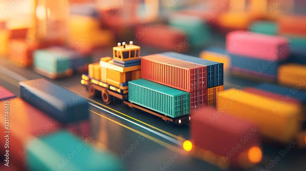 Poster bustling shipping port with colorful container stacks and data overlays highlighting trade