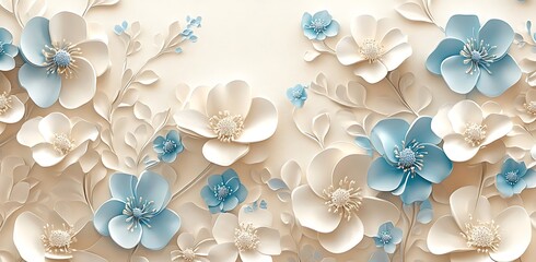 3D Wallpaper with White and Blue Flowers on a Cream Background for Elegant and Soft Interior Designs