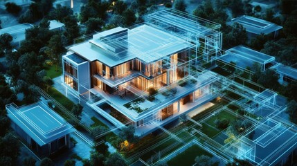 Modern architecture development with holographic plans