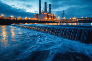 Fototapeta premium Industrial power plant at night with water reflection