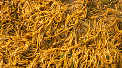 A close-up shot of stir-fried noodles or spaghetti with fresh vegetables in a rich sauce, cooked to perfection, presenting a delicious and appetizing dish for food lovers.