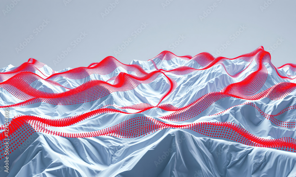 Poster abstract landscape with white mountains and red dotted lines creating dynamic visual effect. scene e