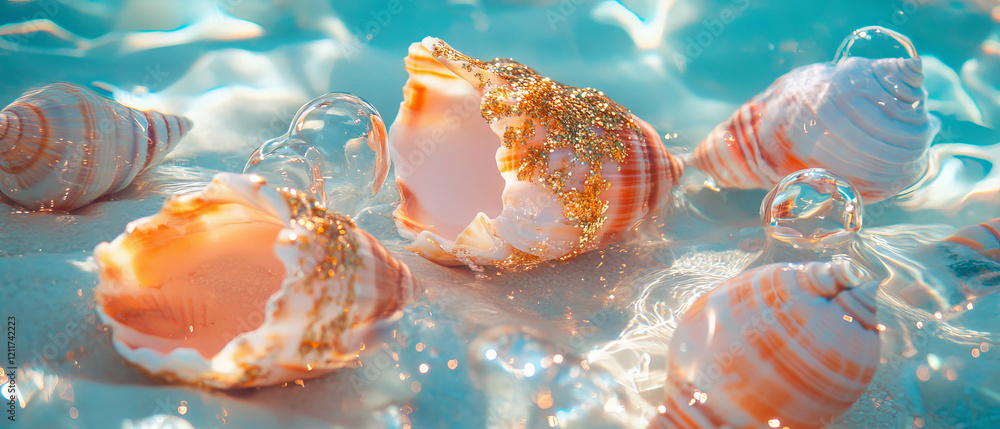 Poster Seashells with smooth textures and gold glitters rest in tranquil waters