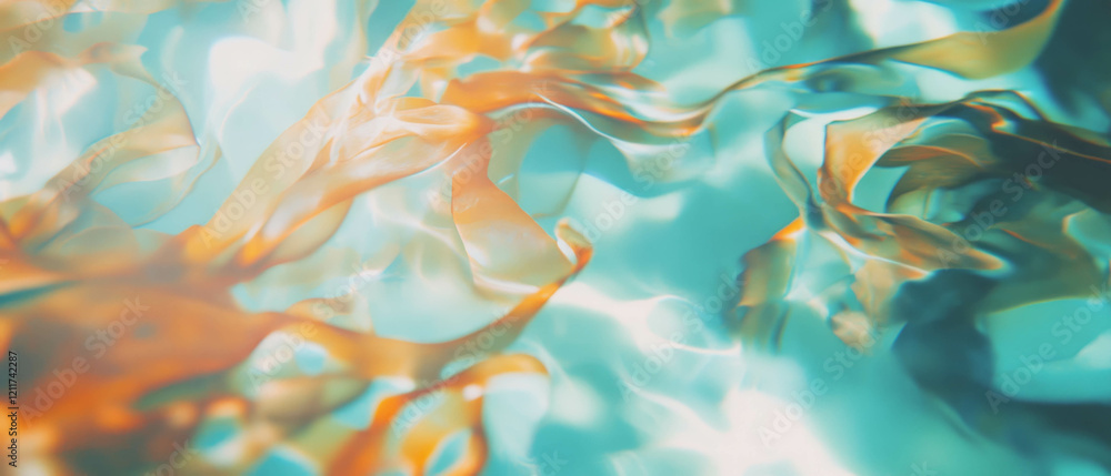 Poster exploring the slippery textures and flowing strands of vibrant seaweed in clear waters