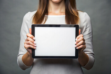 Naklejka premium Hand holding black tablet with blank white screen on isolated background, blank white screen mockup