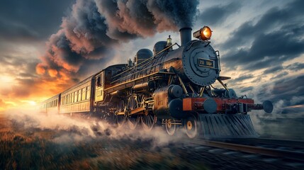 Naklejka premium Dynamic Scene of a Vintage Steam-Powered Train Emitting Billows of Smoke Against a Dramatic Sunset Backdrop Reflecting Nostalgia and Adventure in a Timeless Landscape