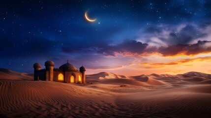 Enchanted Arabian Night Scene with Crescent Moon Over Desert Landscape and Glowing Palace Under a Starry Sky