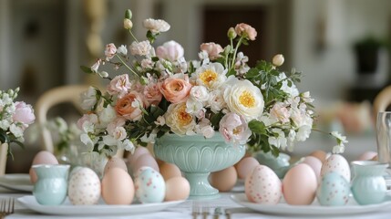 Elegant floral centerpiece with pastel easter eggs on dining table